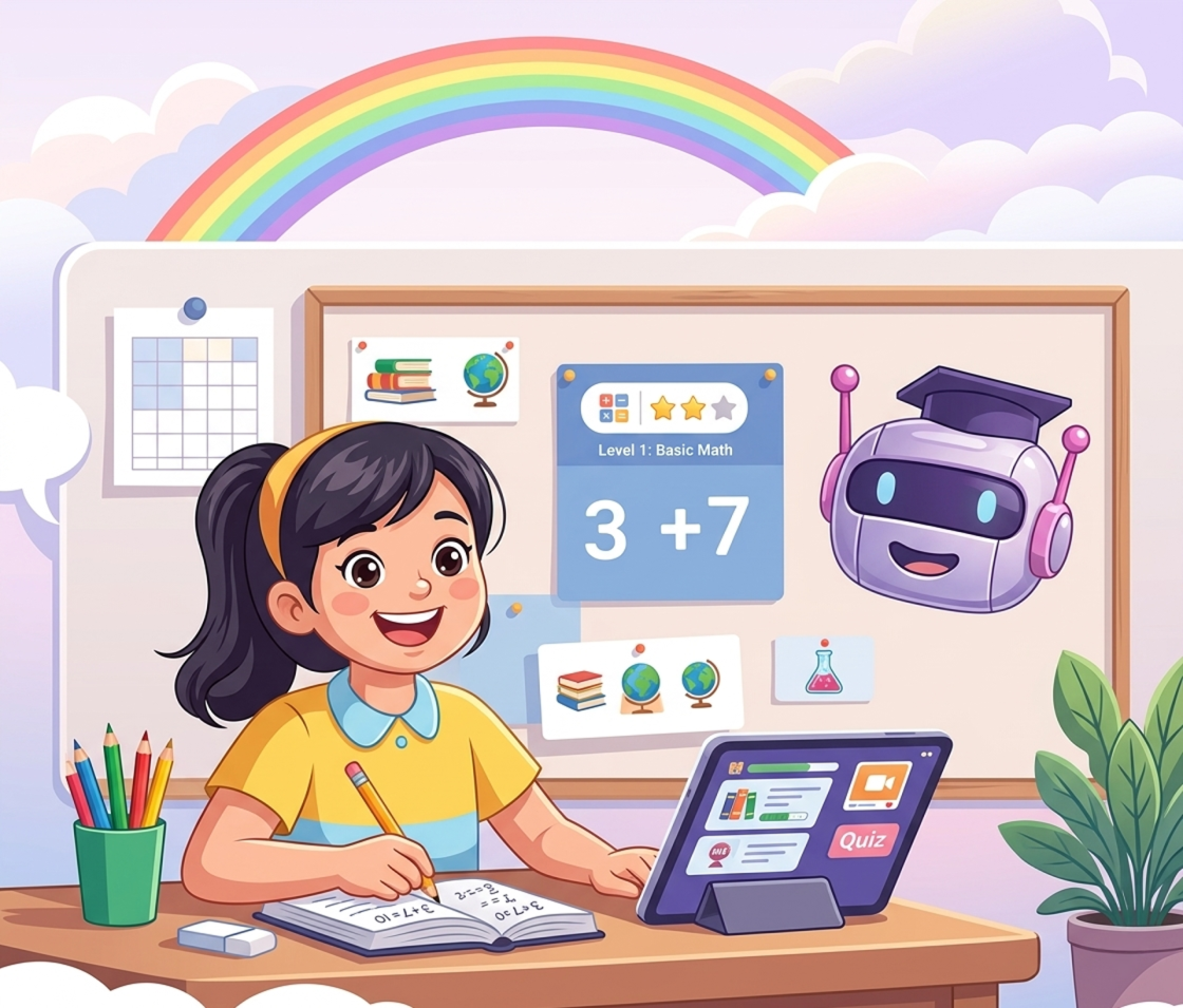 Girl learning with AI robot